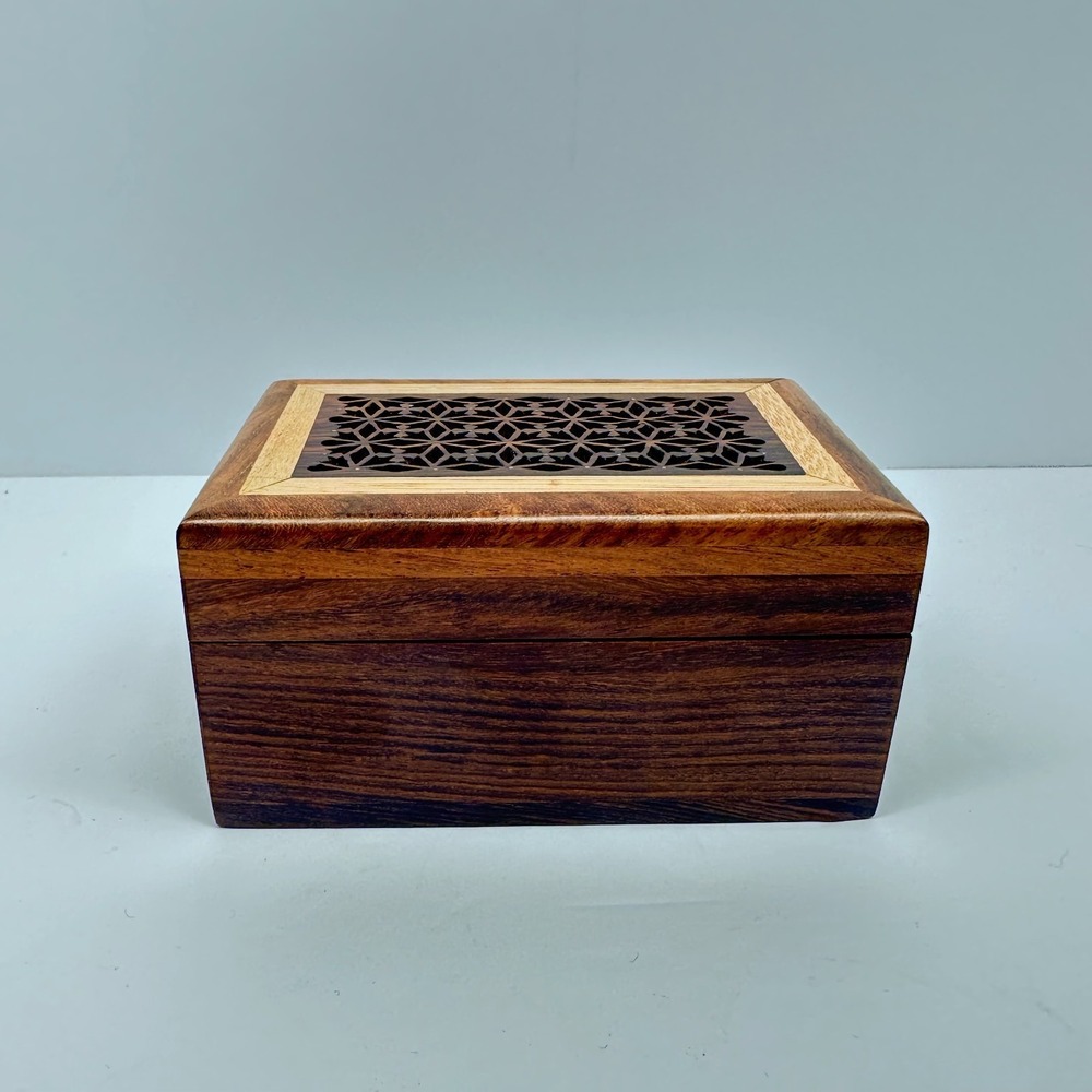 Vintage Rosewood Trinket Box 5"x3.25"x2" Inlaid Indian Jali Work Carving Hinged